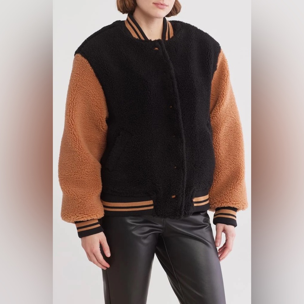 Blank NYC Women’s Sherpa Varsity Teddy Bomber Jacket Black Tan XS NWT
